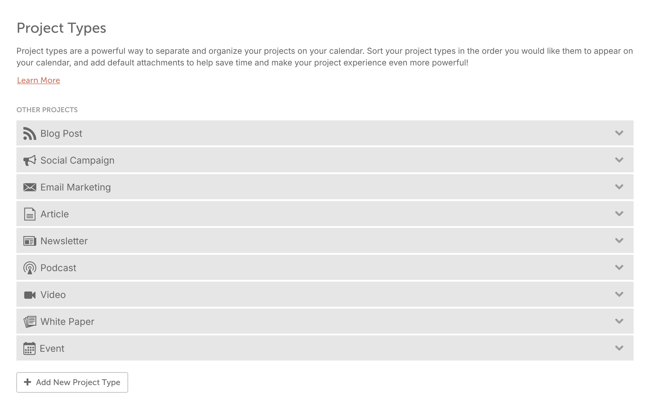 Project Types settings listing the calendar's project types, with Add New Project Type below.