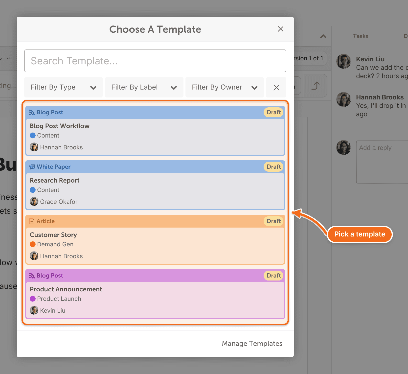 Choose a Template panel listing project templates to start a new project from.