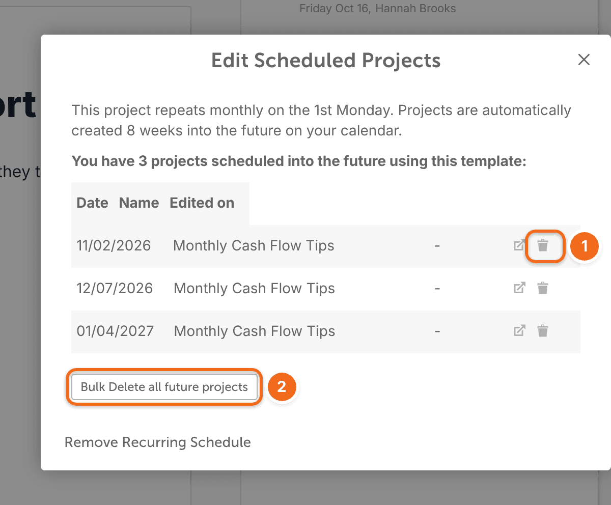 Edit Scheduled Projects window listing a template's future projects, with a trash icon and Bulk Delete all future projects.