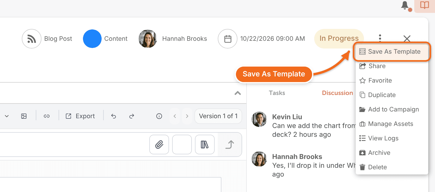 Project ellipsis menu open with Save as Template selected.