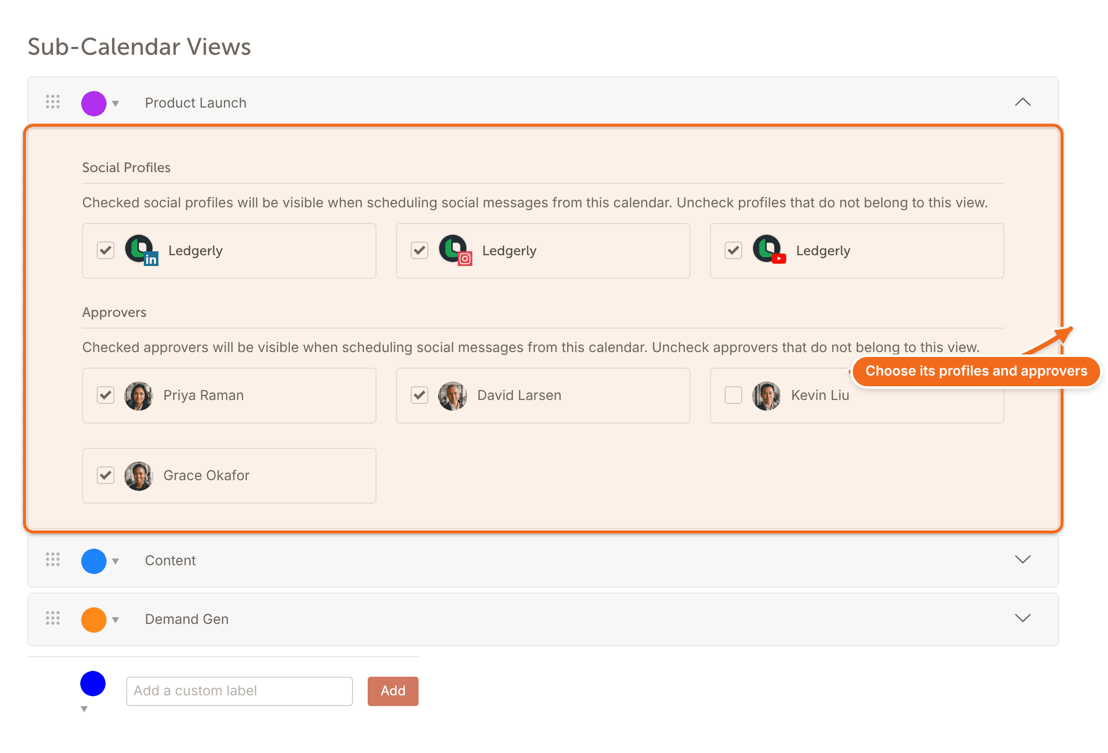 Sub-Calendar Views settings listing color labels, one expanded to choose its social profiles and approvers.
