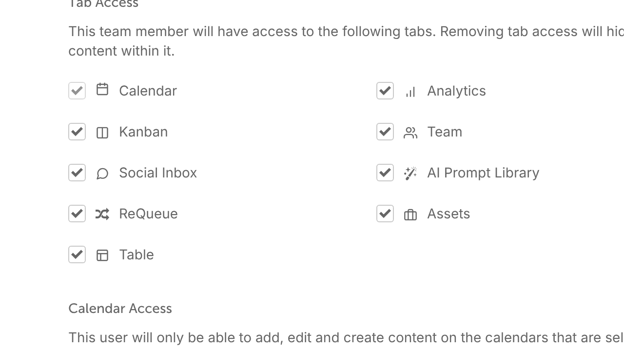 Tab Access on a team member's settings, choosing which tabs the person can open.