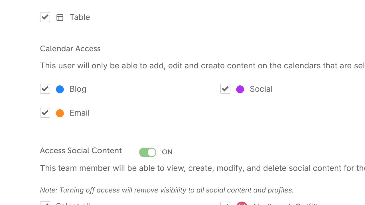 Calendar Access on a team member's settings, with the color labels they can add, edit and create content in.
