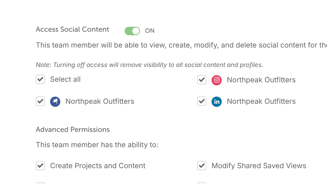 Access Social Content on a team member's settings, with a checkbox for each social profile they can use.