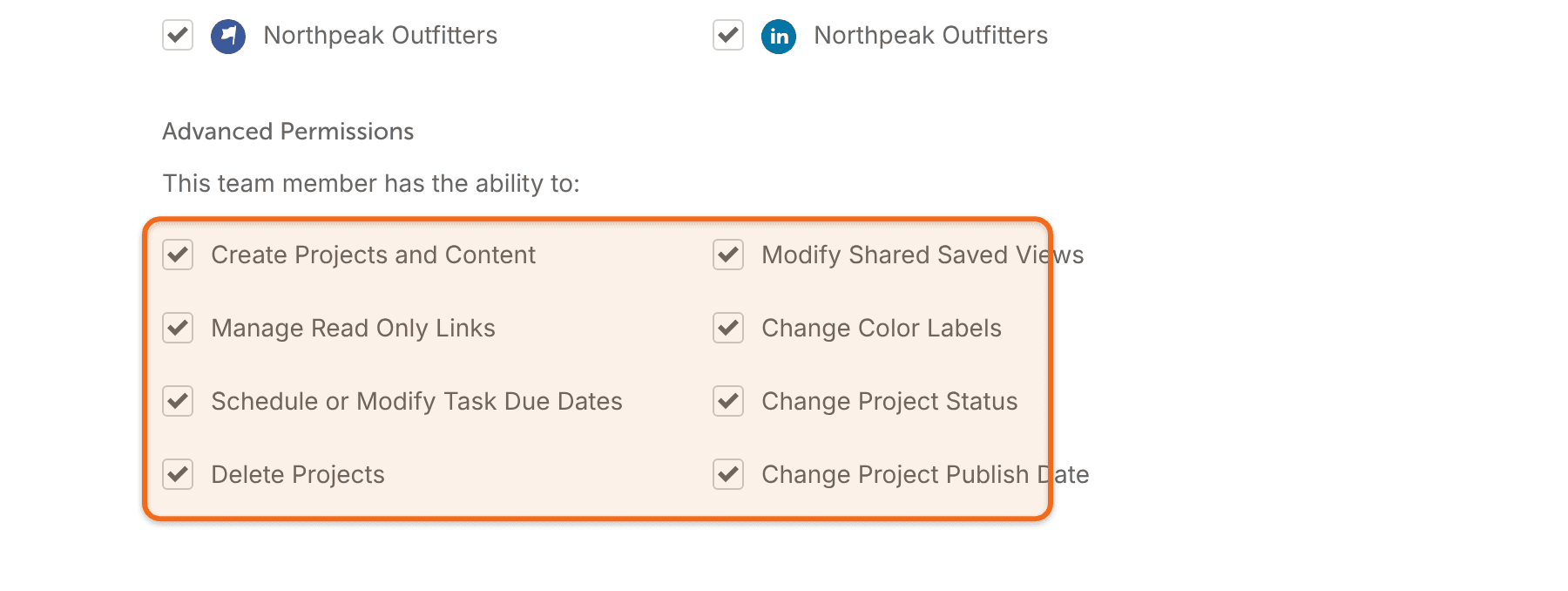 "Advanced Permissions" on a team member's settings, listing permissions like "Create Projects and Content".