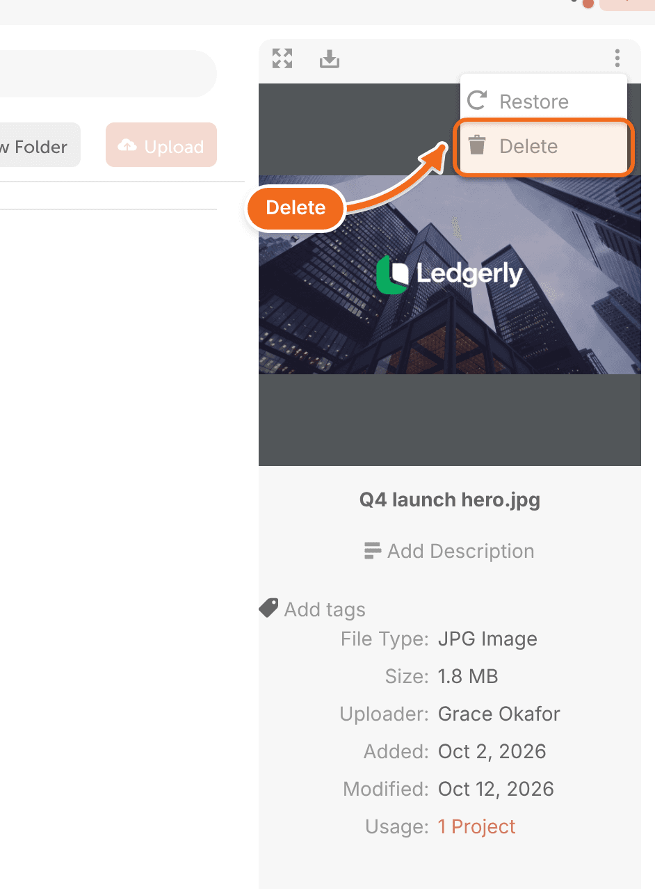 The file options menu in the Assets Trash folder with Delete.