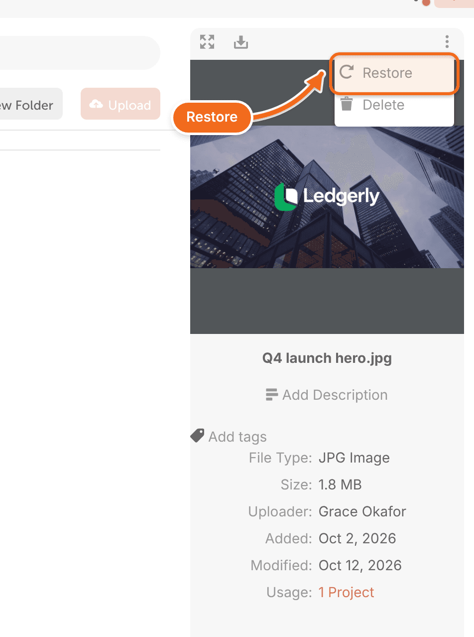 The file options menu for a file in the Assets Trash folder with Restore.