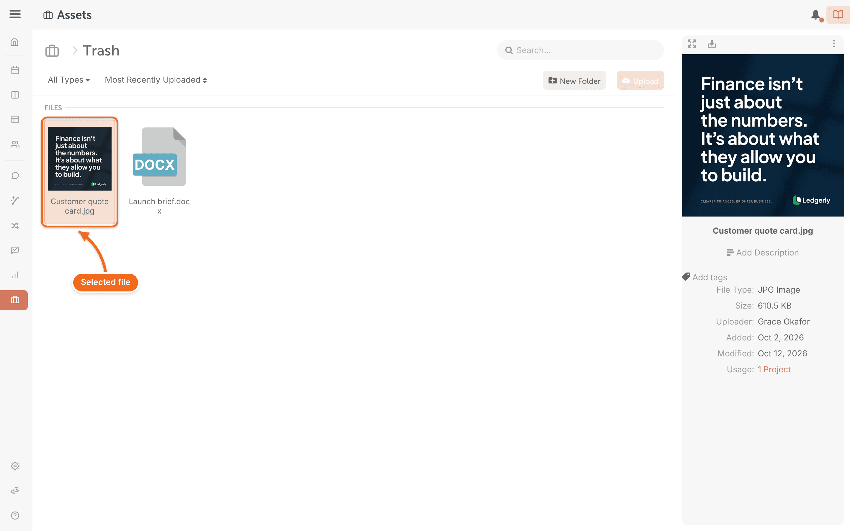 A file selected in the Trash folder in Assets, ready to open its file options.