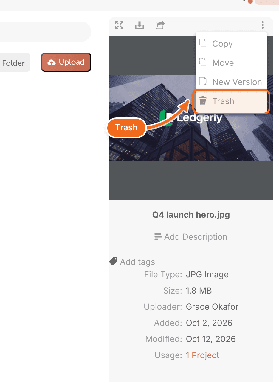 The file options menu for a selected file in Assets with Trash.