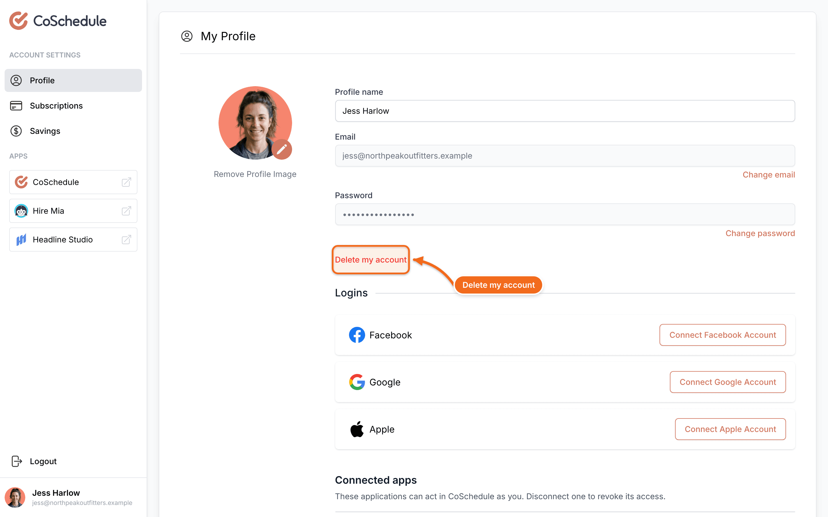 "My Profile" with the "Delete my account" link highlighted.