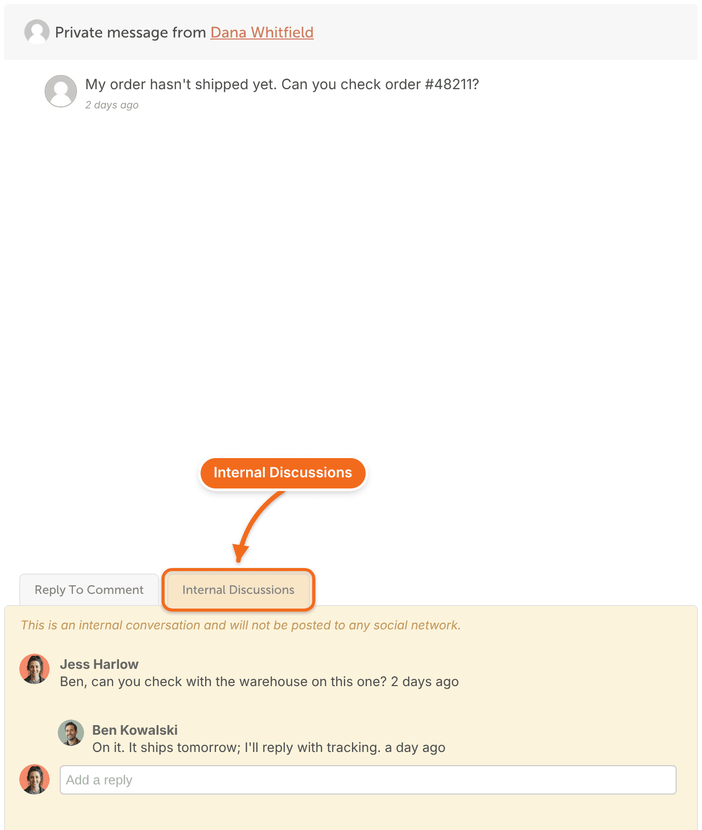 An open Social Inbox conversation with the "Internal Discussions" tab selected and a team discussion below.