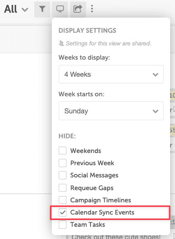 Calendar display settings for showing or hiding synced calendars on the CoSchedule calendar.