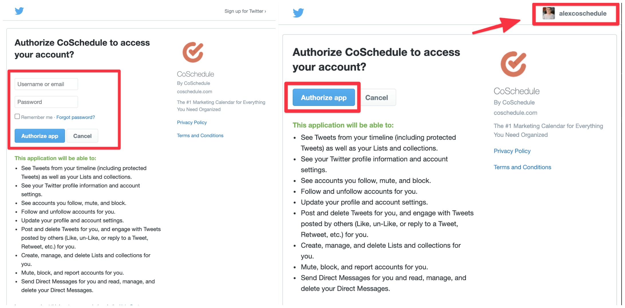 X authorization window asking to give the CoSchedule app access to the signed-in X account