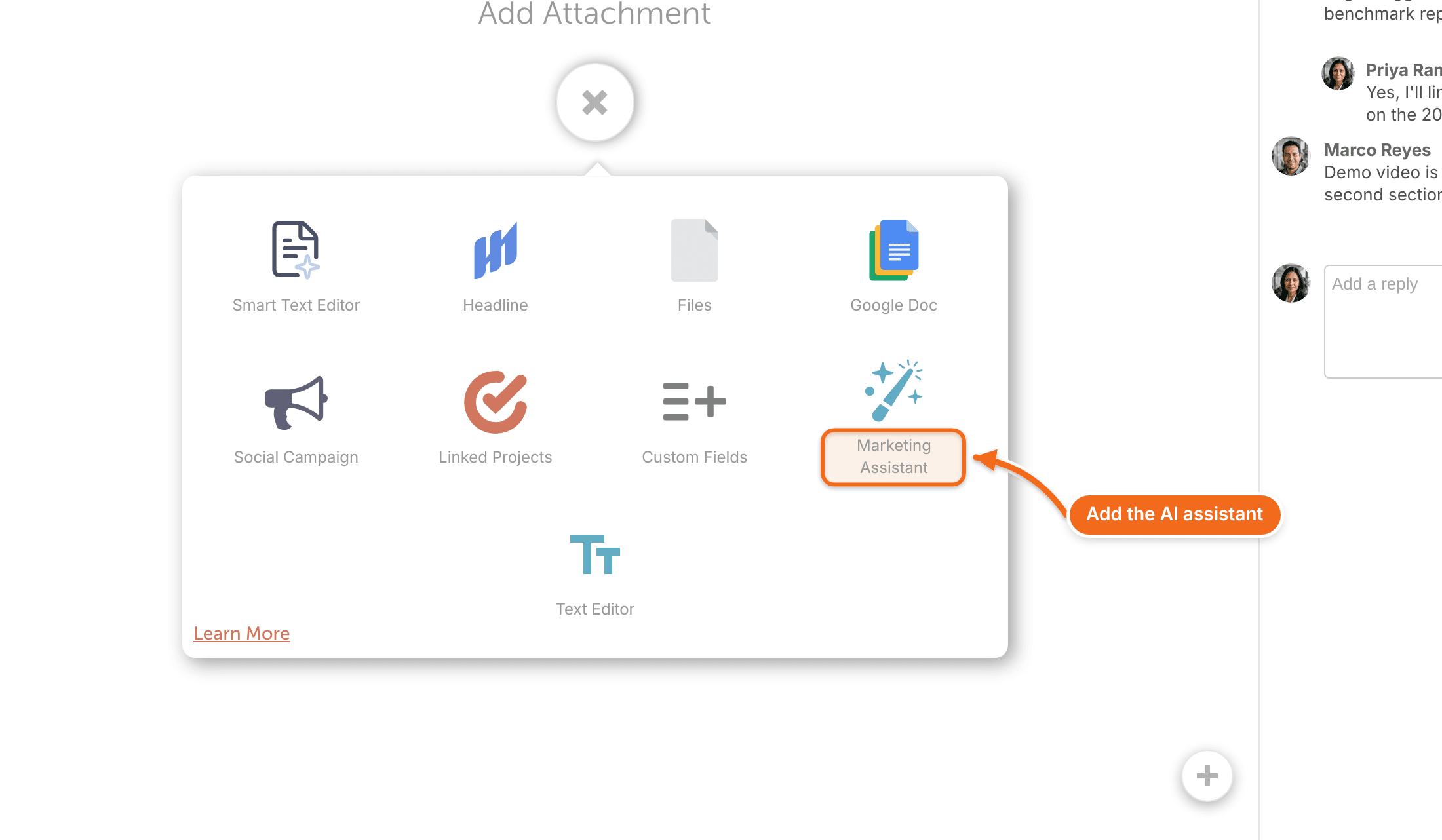 A project's "Add Attachment" menu with the AI Project Assistant option highlighted.
