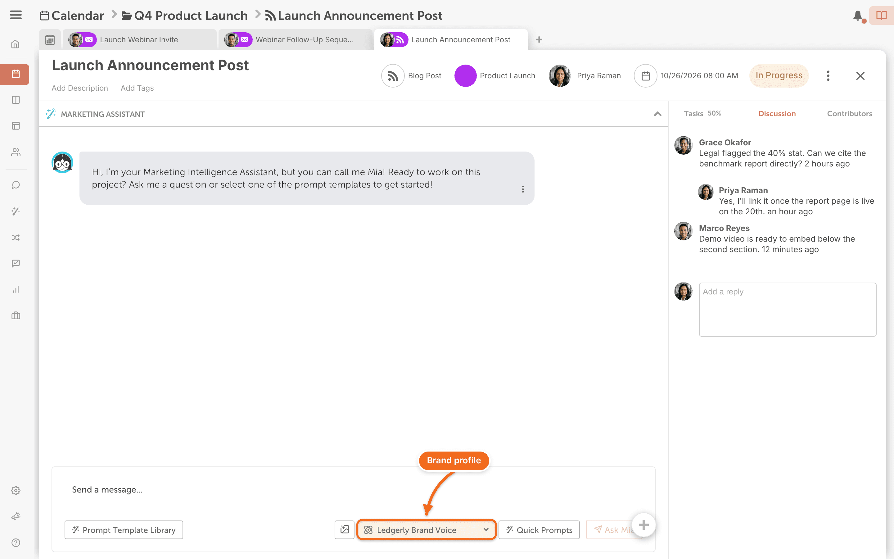 The AI Project Assistant in a project with a brand profile chosen in the menu next to "Quick Prompts".