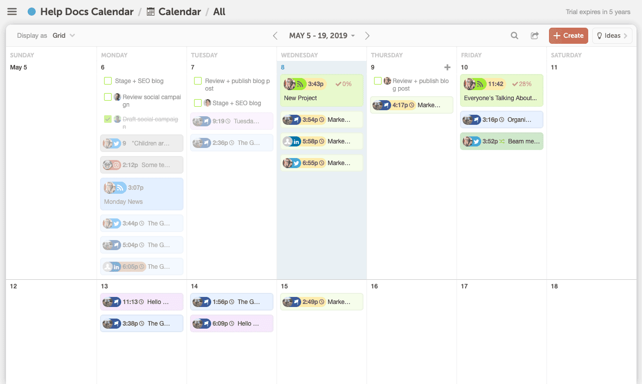 Calendar week view where draft items show a yellow background behind their time, marking them as not yet scheduled.