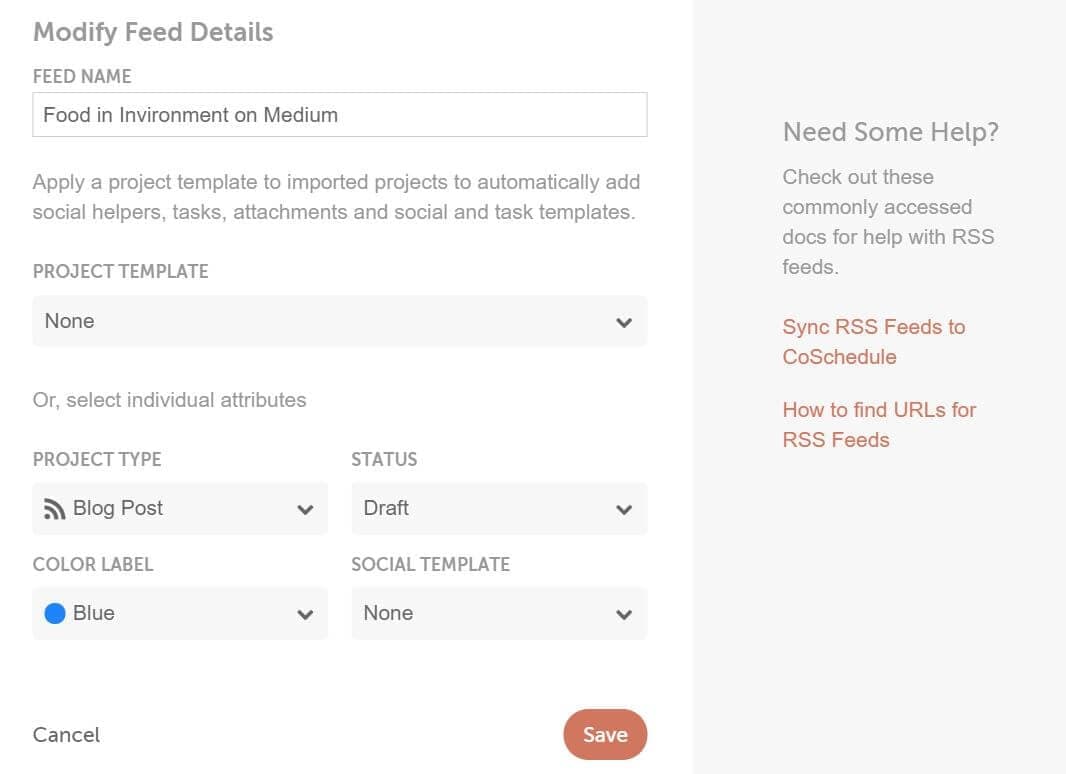 Modify Feed Details panel for choosing a project template, project type, status, color label and social template.