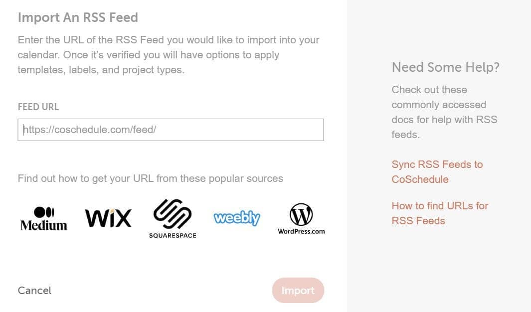 Feed URL box with a pasted RSS feed address and the import button.