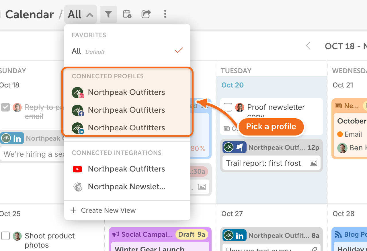 Calendar view menu open, with social profile views listed under Connected Profiles and integrations below.