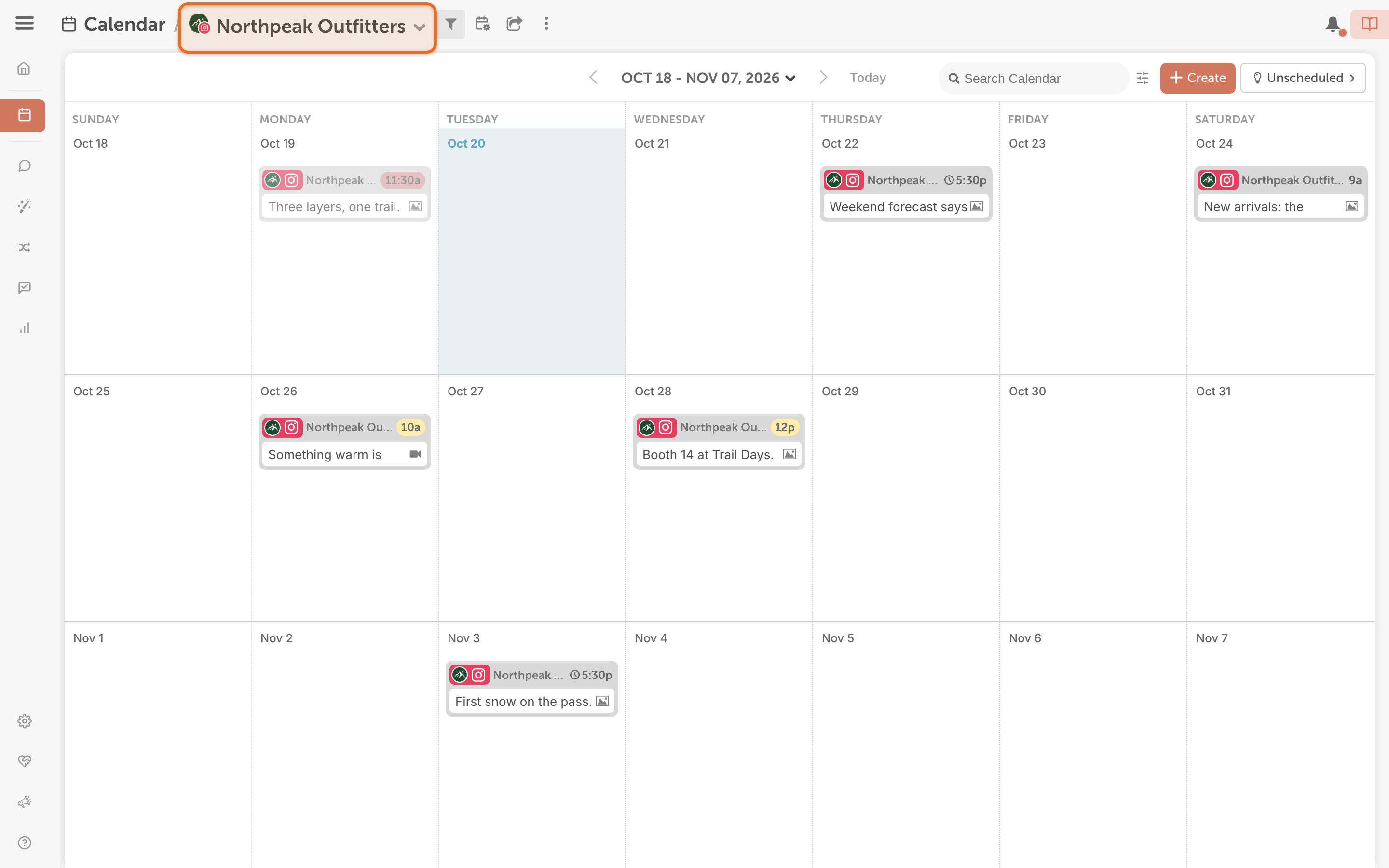 Calendar showing one social profile's view, with its name at the top and only its social messages.