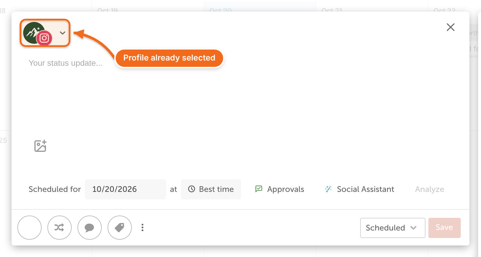 Social composer opened from a profile's calendar, with that profile already selected.