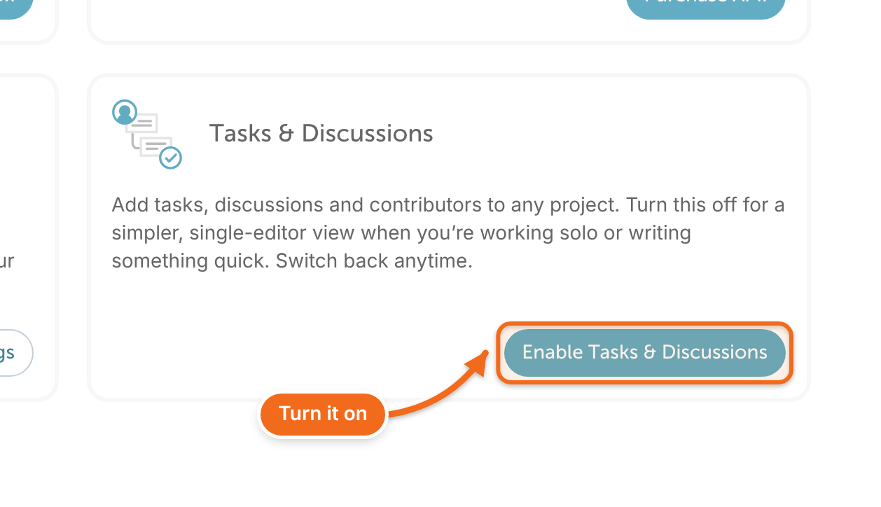 The Tasks & Discussions card in Power Ups, with the Enable Tasks & Discussions button highlighted.