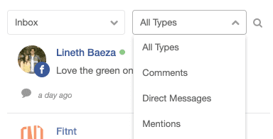 Social Inbox type filter open, switching from All Types to one type of item.