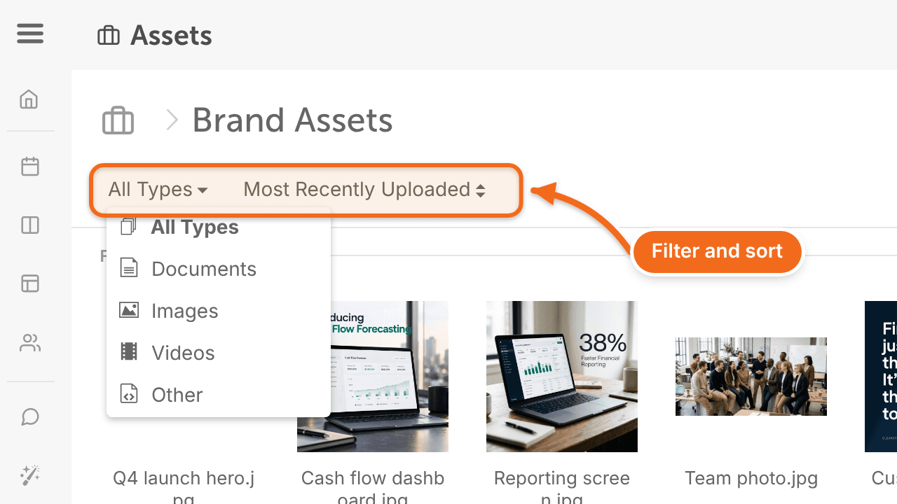 The type filter open in Assets, used to narrow the files shown.