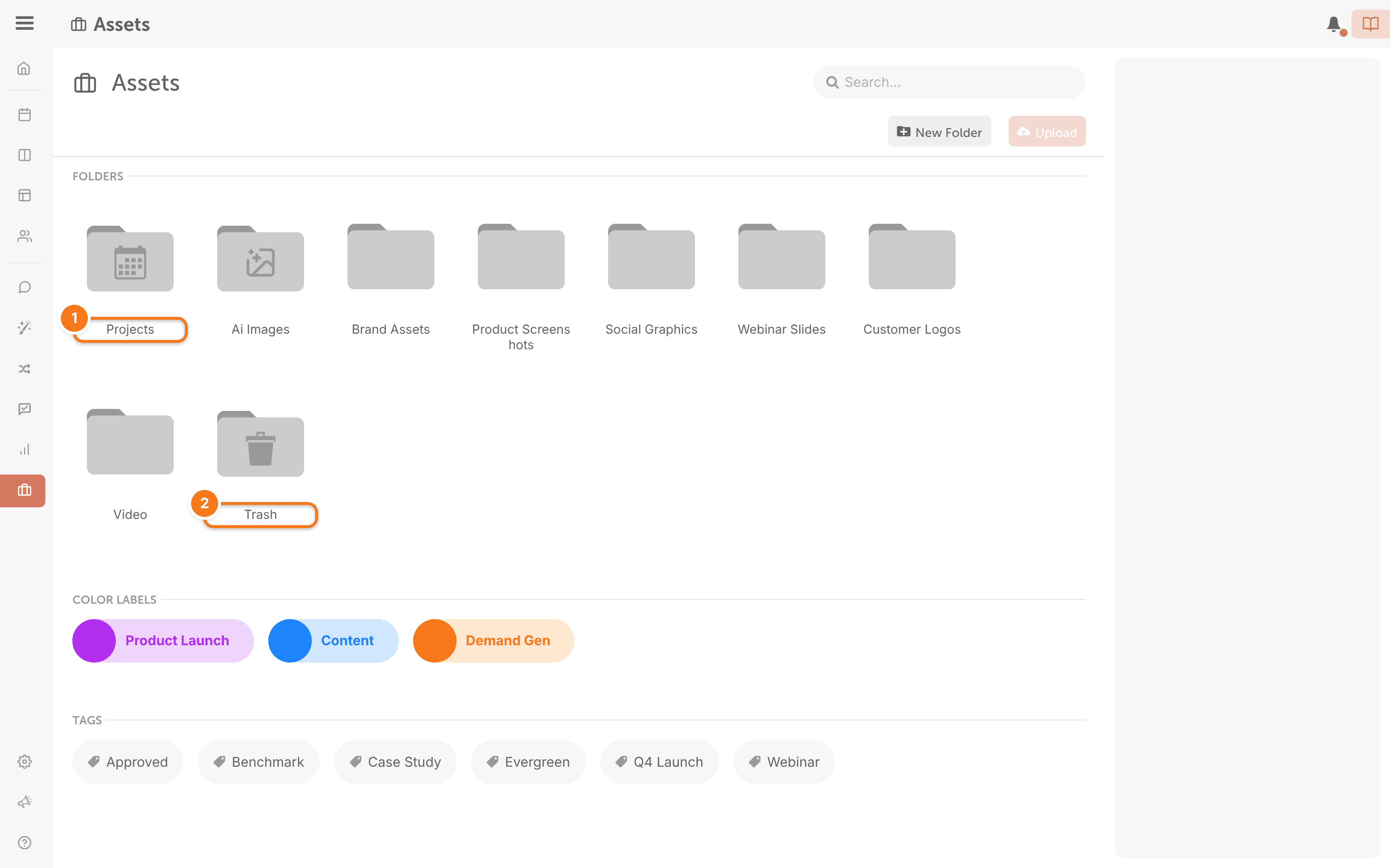 The Assets main page with your folders, including the default Projects and Trash folders.