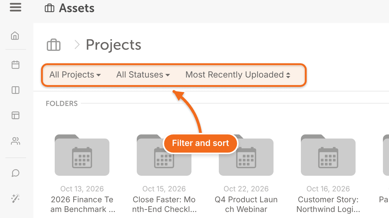 The filter and sort options at the top of the Projects folder in Assets.