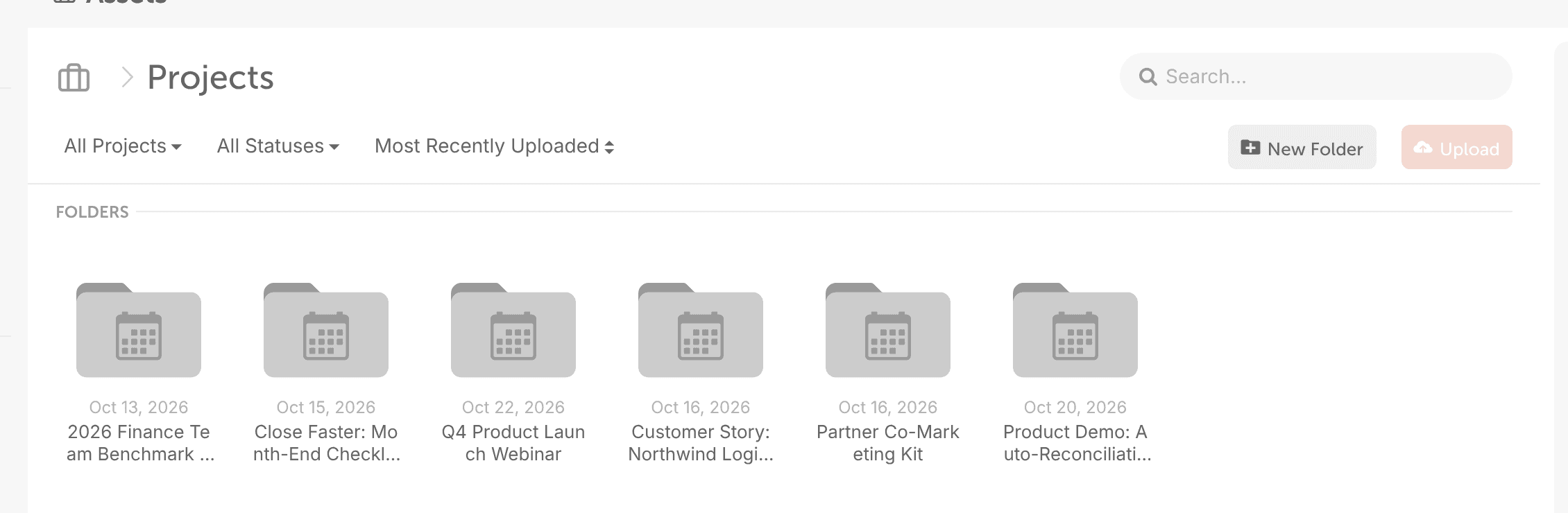 The Projects folder in Assets, with a folder for each project on the calendar and its date.