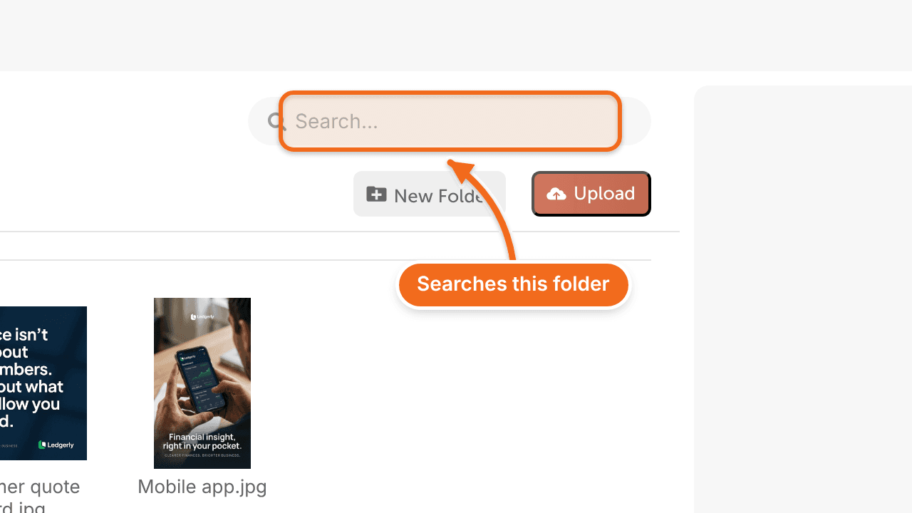 The Assets search field inside a folder, which searches only that folder.