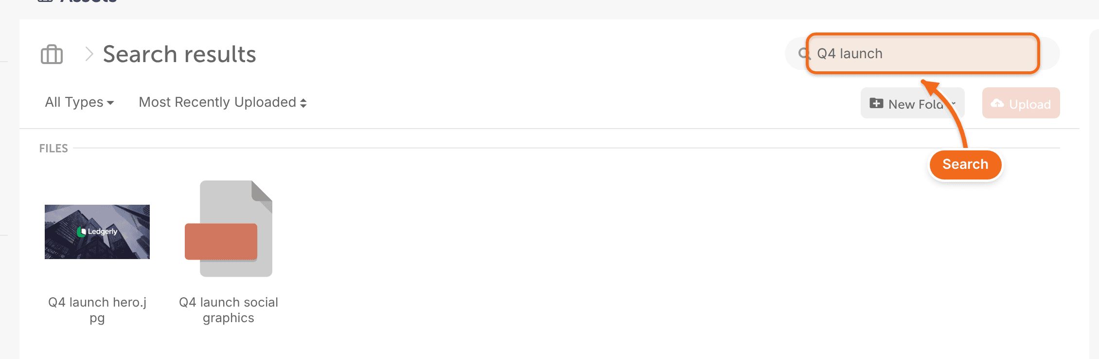 Searching Assets: type a name in the search field and press Enter to see matching files and folders.