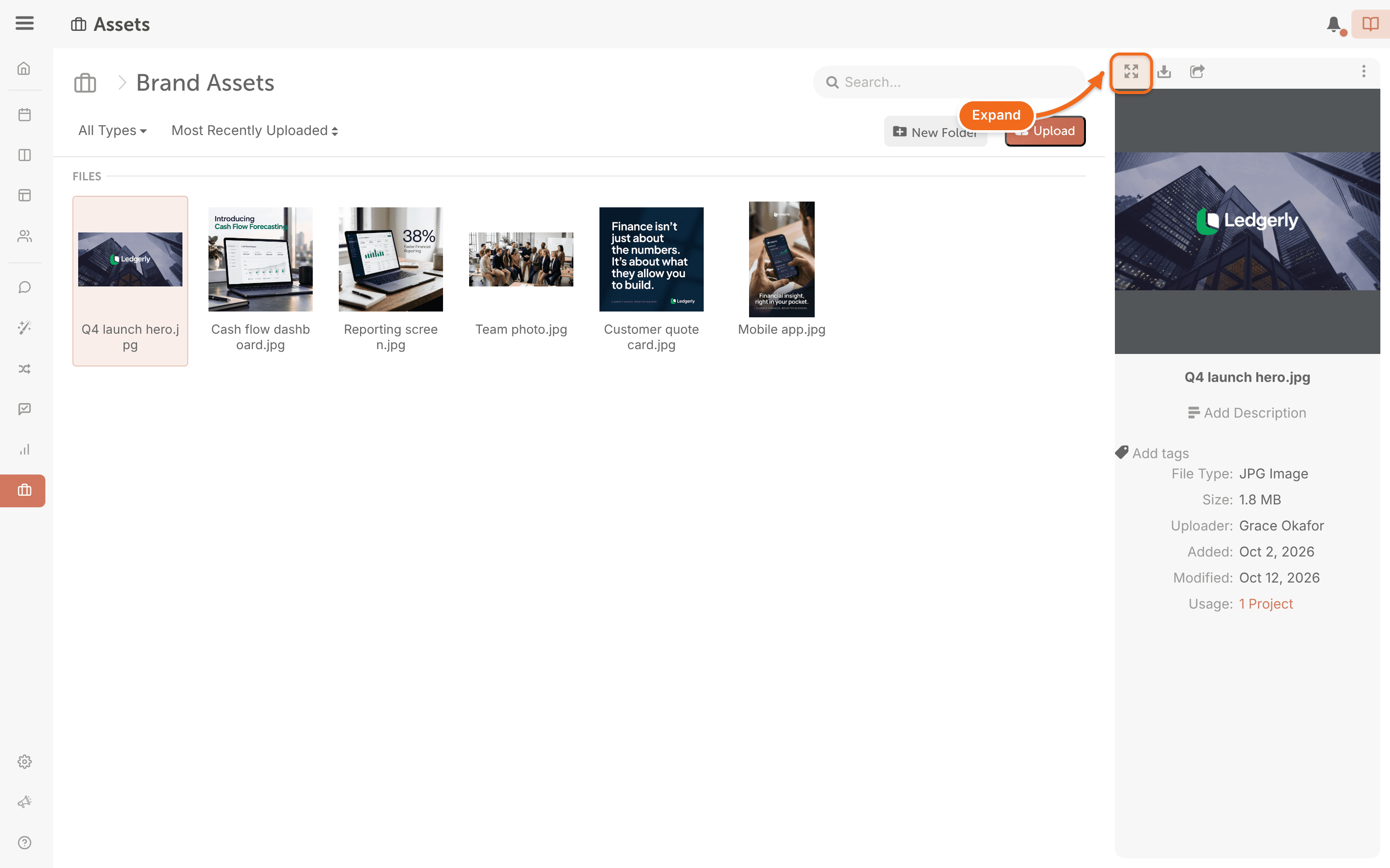 A file selected in Assets, with its details on the right and the Expand button that opens it in preview mode.