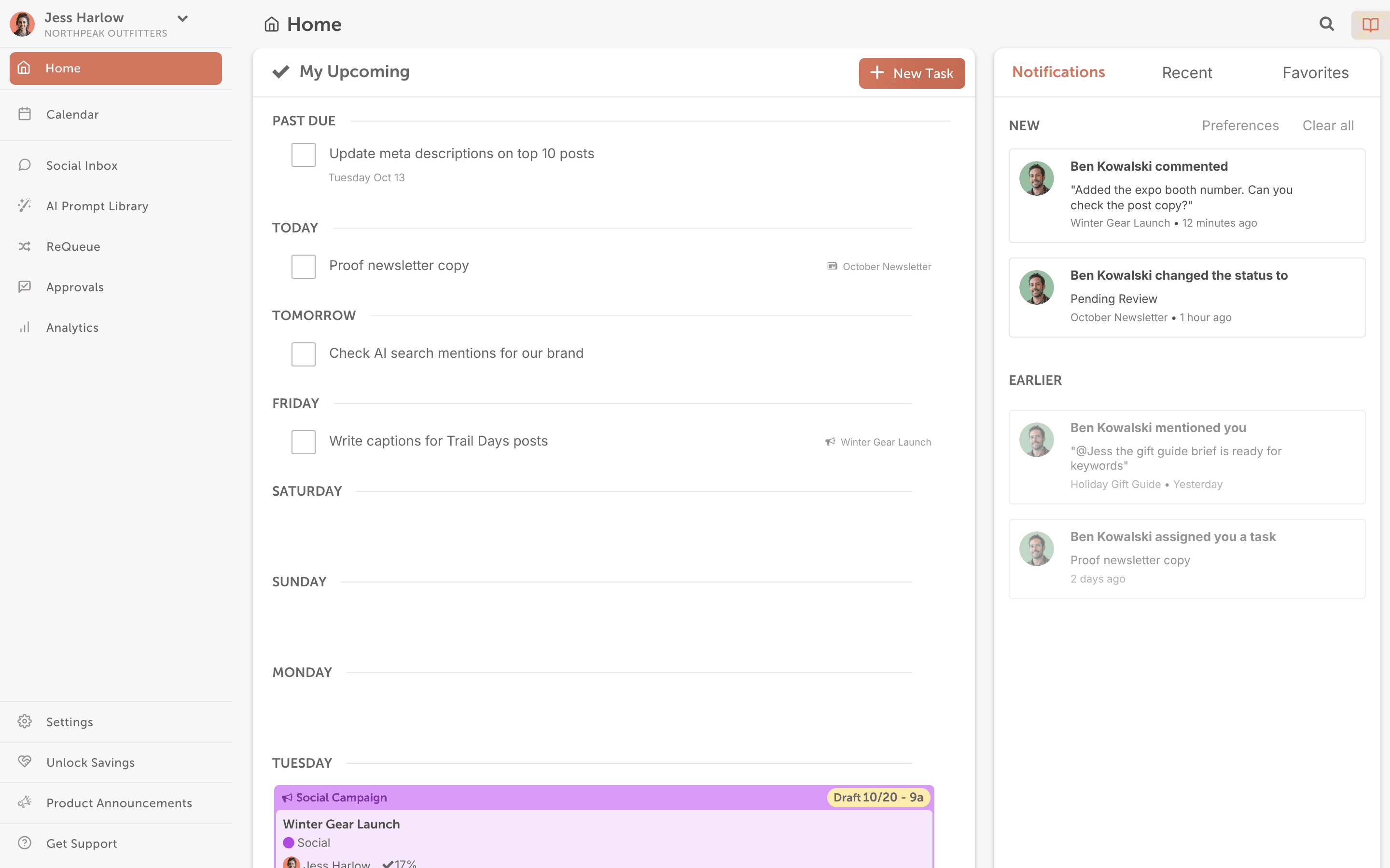 Home page "My Upcoming" list with tasks and projects grouped by day and the "New Task" button.