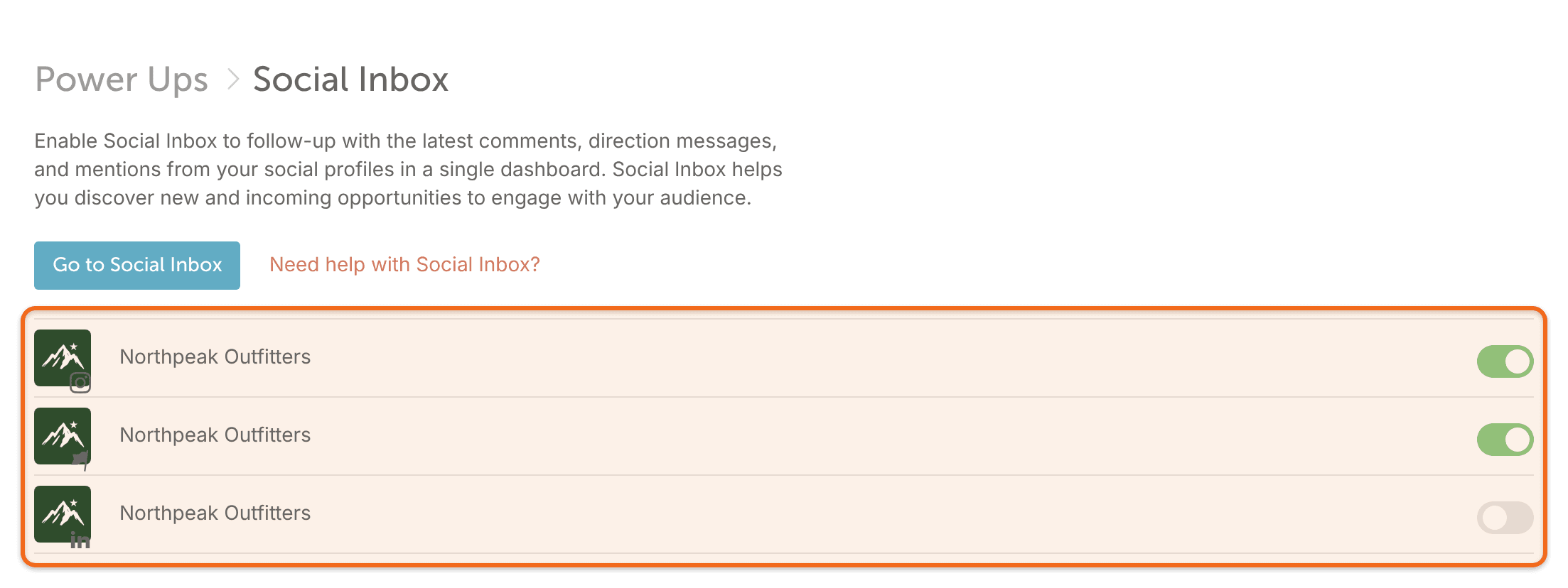 "Power Ups > Social Inbox" settings with each profile's on/off toggle, one turned off.