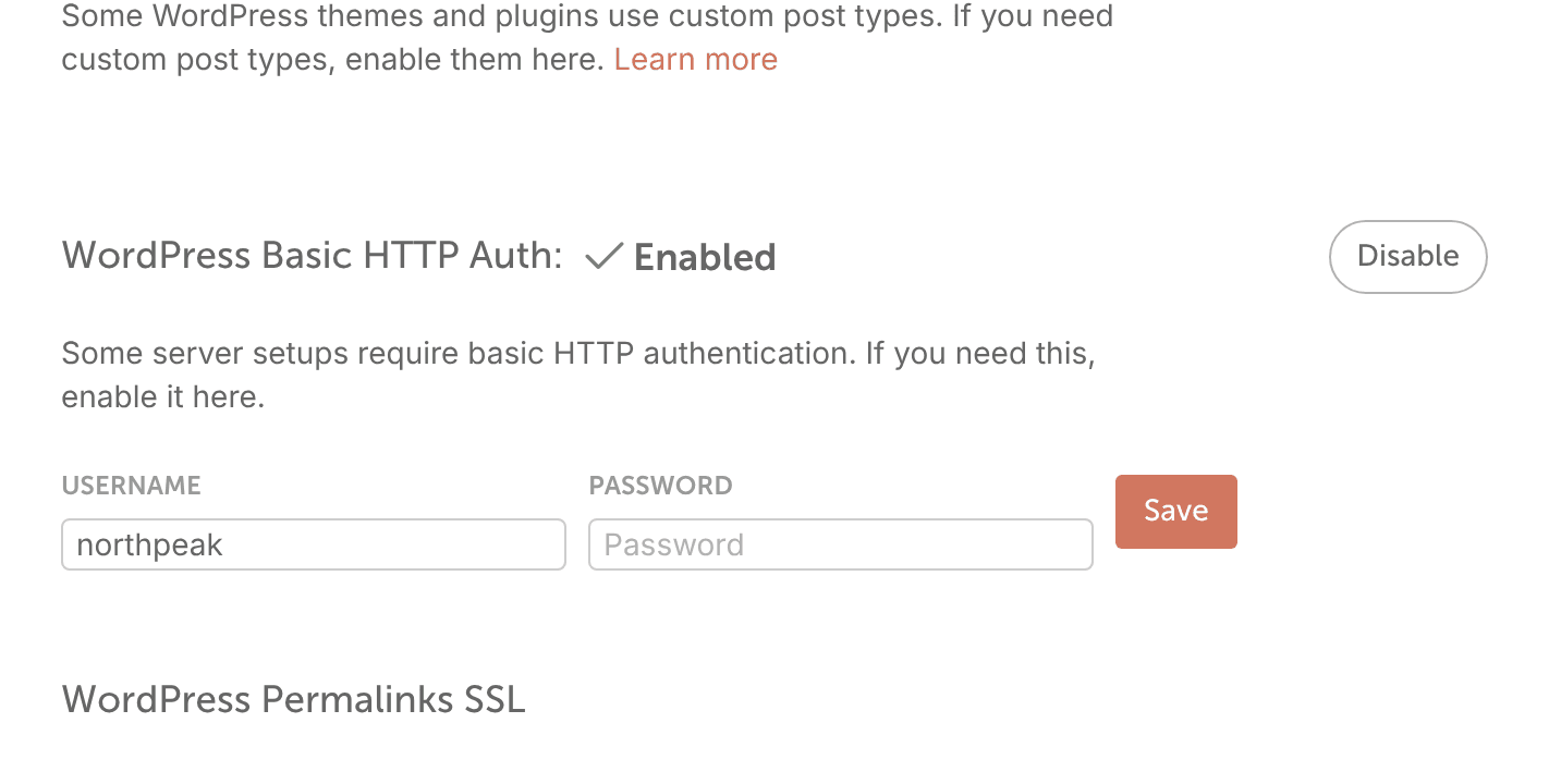 WordPress Basic HTTP Auth turned on in CoSchedule, with the username and password fields and Save.