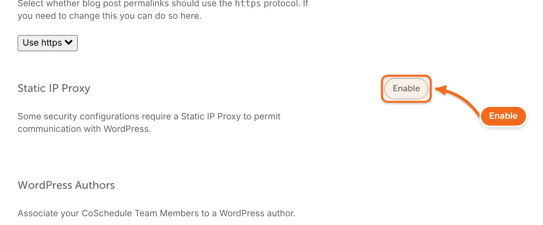 The Static IP Proxy section of a WordPress site's settings, with the Enable button.