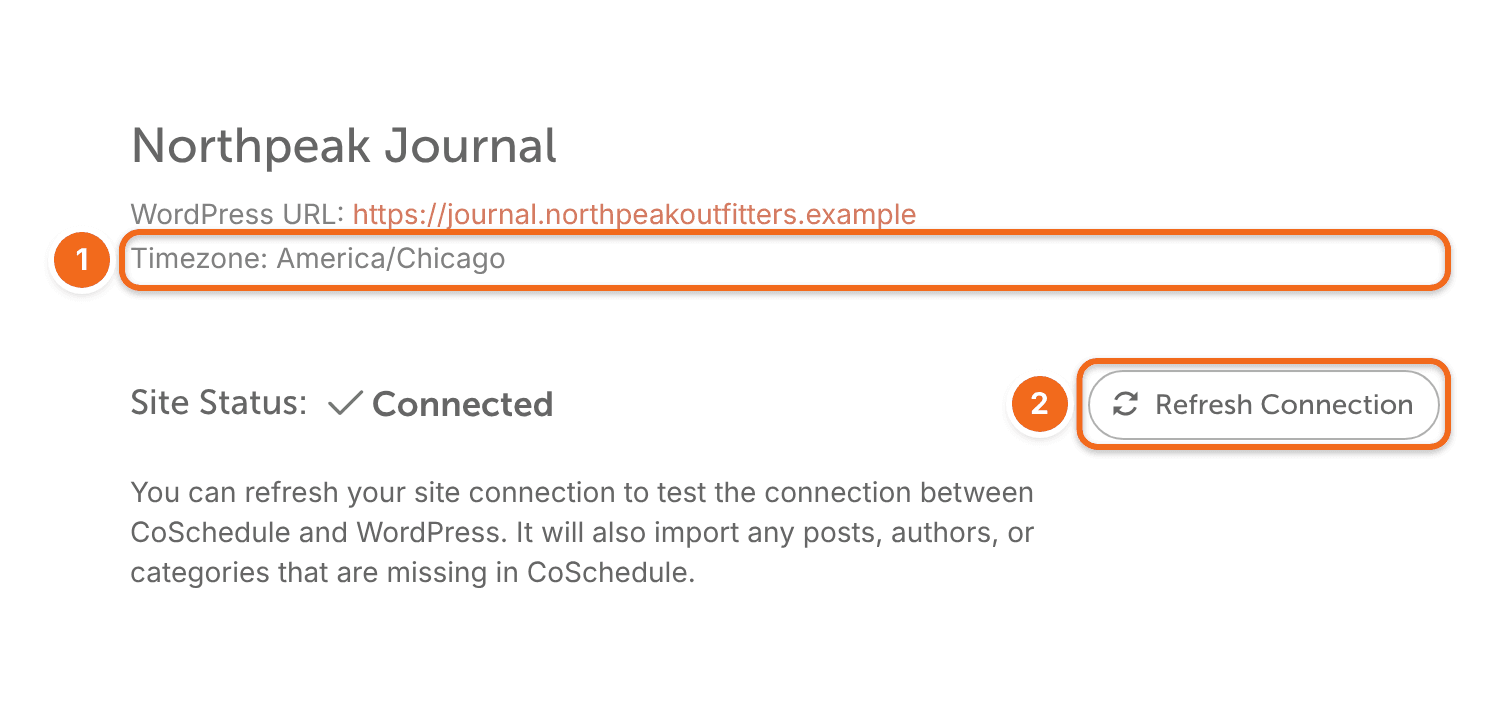 A WordPress site's details in CoSchedule showing its URL and timezone, with the Refresh Connection button.