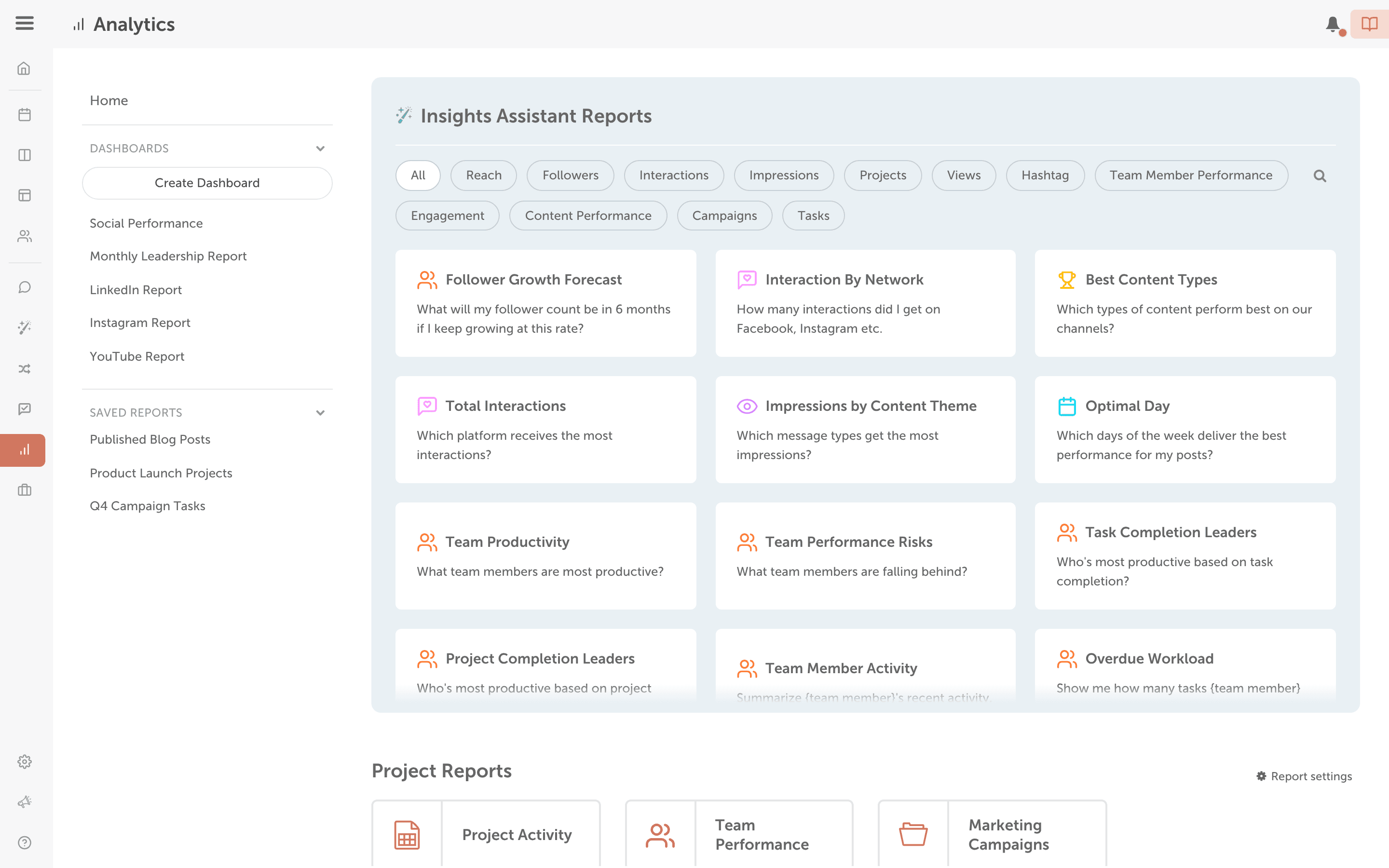 Analytics with "Insights Assistant Reports" prompts about projects, tasks and team members, like "Team Productivity".