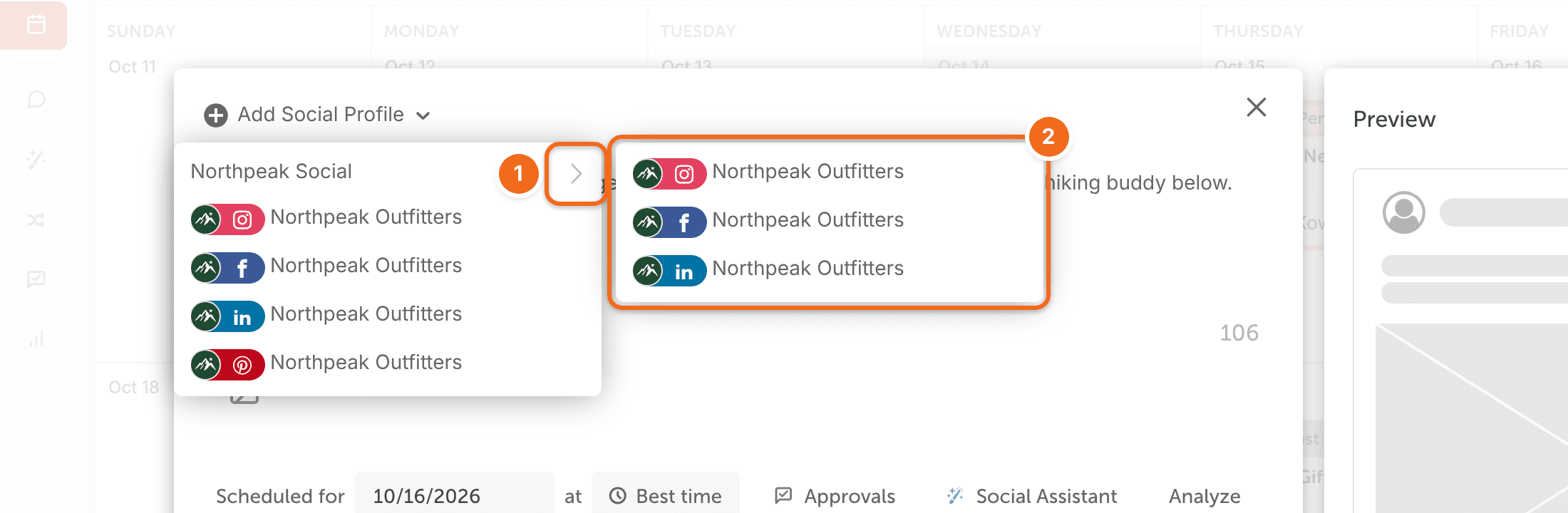 "Add Social Profile" list in the composer, with a group's arrow clicked to show the profiles inside it.