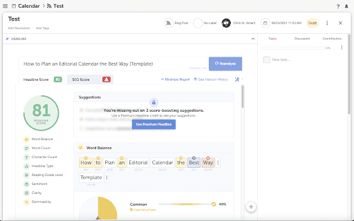 A Headline attachment in a CoSchedule project, with a headline typed in and its Headline Studio score shown after Analyze.