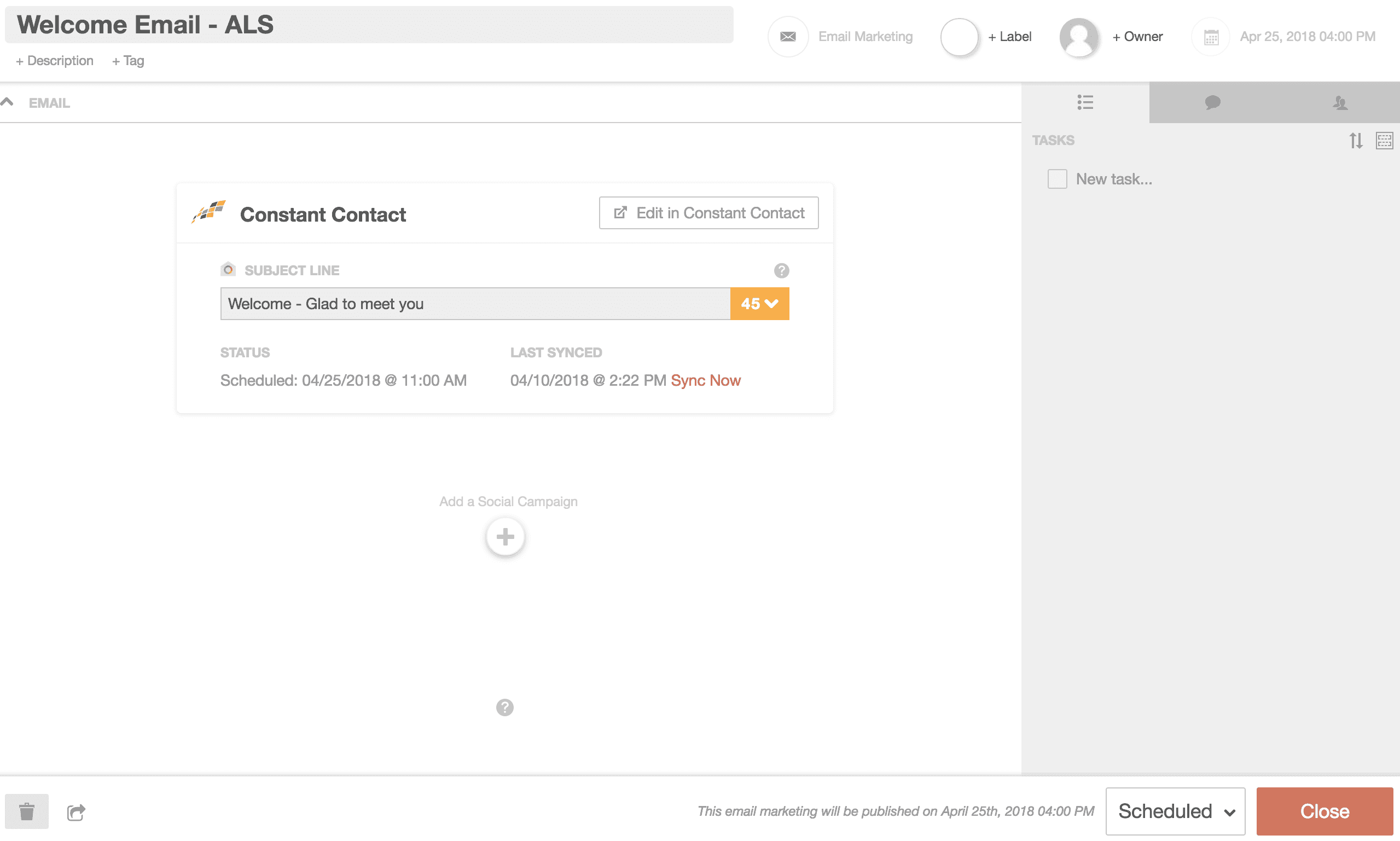A synced Constant Contact email project on the calendar, with Edit in Constant Contact for changes.