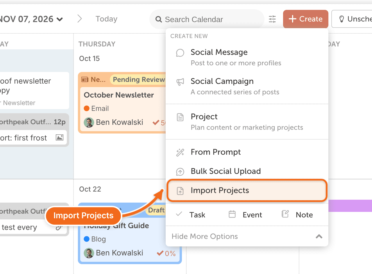 The "Create" menu open under "Create New", with "Import Projects" highlighted.