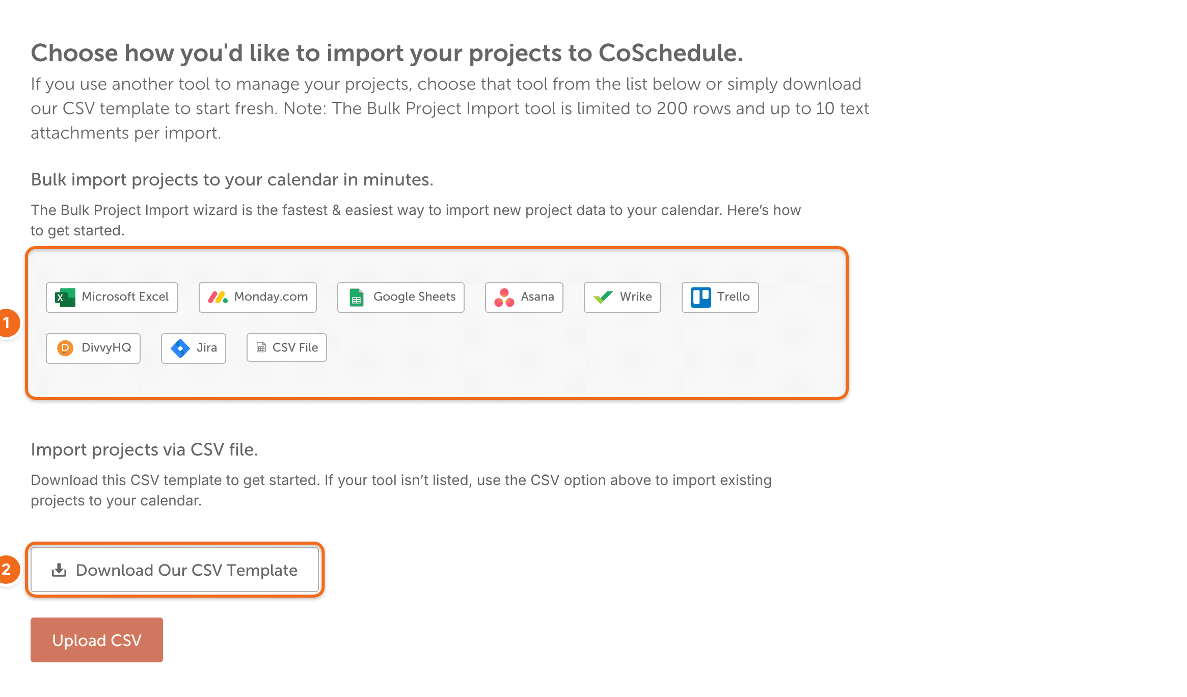 Bulk Project Import Wizard with buttons for tools such as Excel, Asana, Trello and Jira, and Download Our CSV Template.