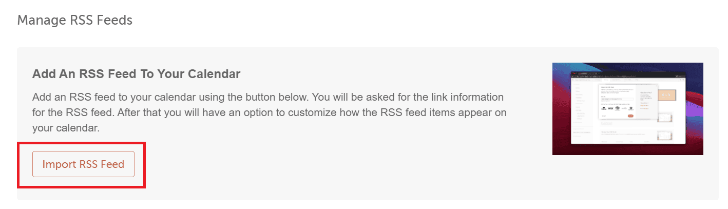RSS Feed Sync settings page with the Import RSS Feed button.