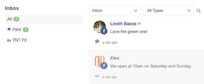 Social Inbox with social profiles listed on the left, each with an unread count, to filter the items shown.