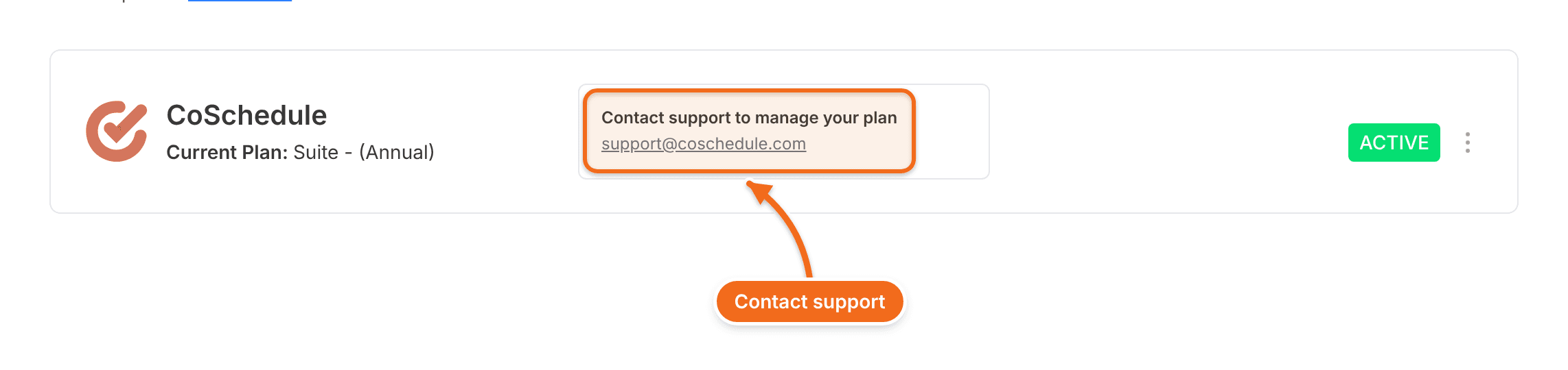 Suite plan on the billing page showing "Contact support to manage your plan" in place of the cancel option.