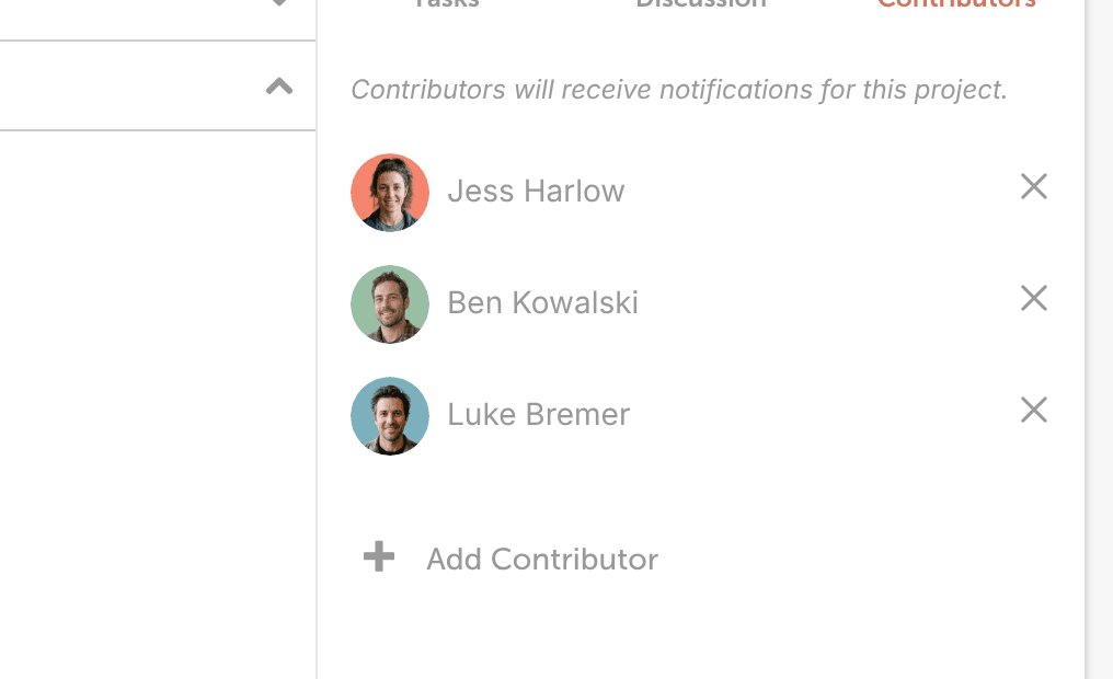 The Contributors tab of a project, listing its contributors with an X to remove each one and Add Contributor below.