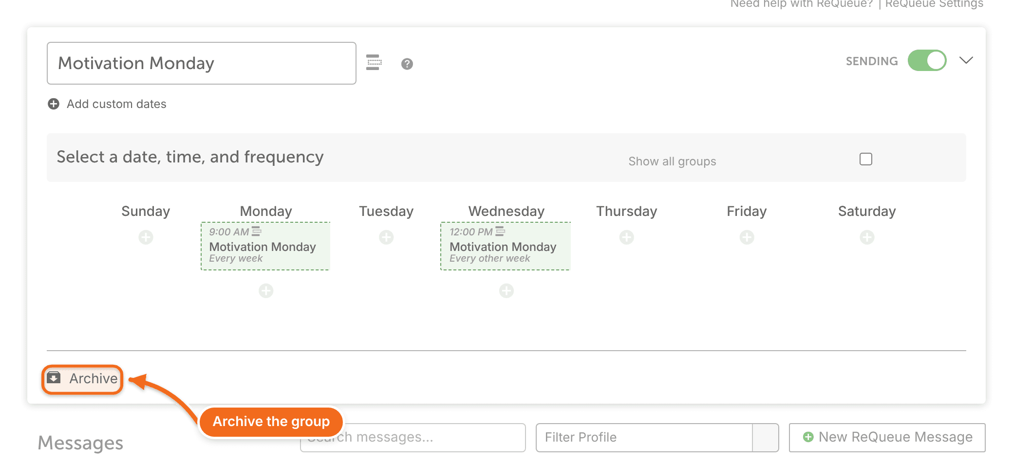 Open settings for the Motivation Monday placeholder group, with Archive at the bottom.